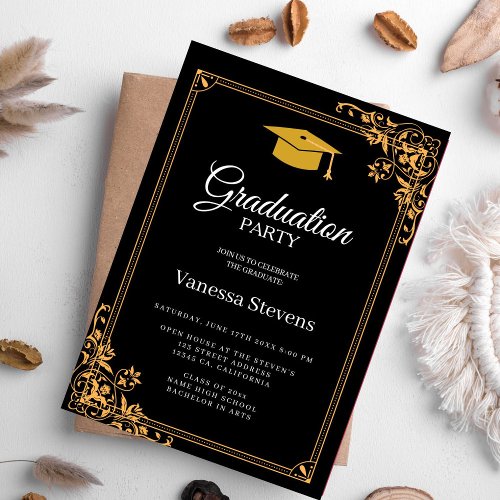 Black And Gold Classic Graduation Cap Party  Invitation