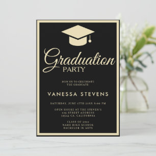 Black And Gold Classic Graduation Cap Party  Invitation
