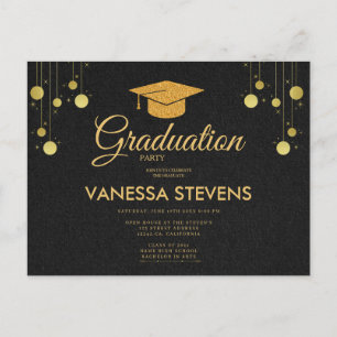 Black And Gold Classic Graduation Cap Party Invitation Postcard