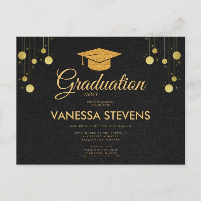 Black And Gold Classic Graduation Cap Party  Postcard (Front)