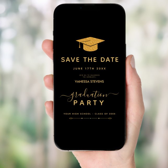 Black And Gold Classic Graduation Save the Date Invitation (Front Digital)