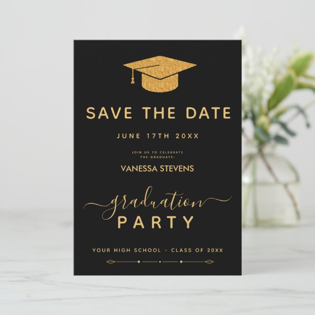 Black And Gold Classic Graduation Save the Date Invitation (Standing Front)