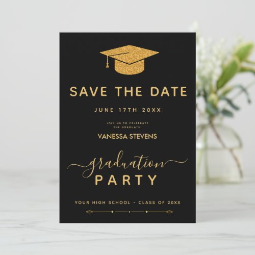 Black And Gold Classic Graduation Save the Date Invitation
