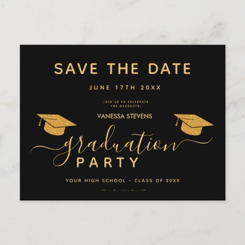 Black And Gold Classic Graduation Save the Date Invitation Postcard