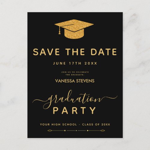 Black And Gold Classic Graduation Save the Date Invitation Postcard