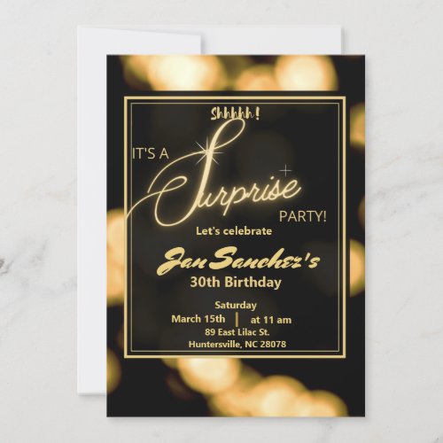 Black and gold classic surprise birthdayInvitation Invitation