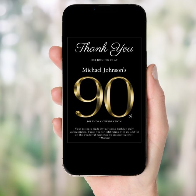 Black and Gold Classy 90th Birthday Thank You Card (Front Digital)