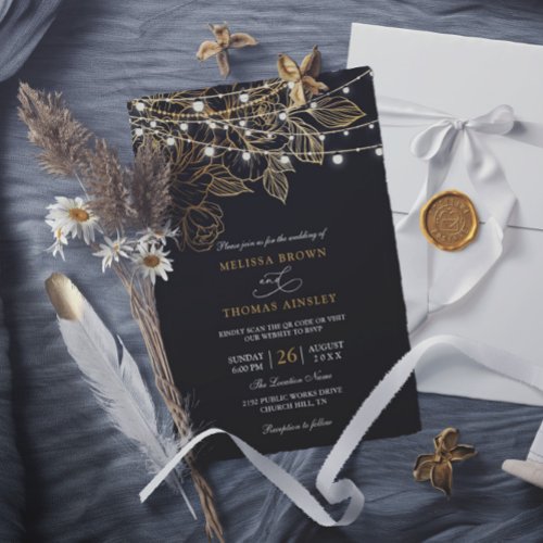 Black and Gold Classy Chic Budget QR Code Wedding Invitation