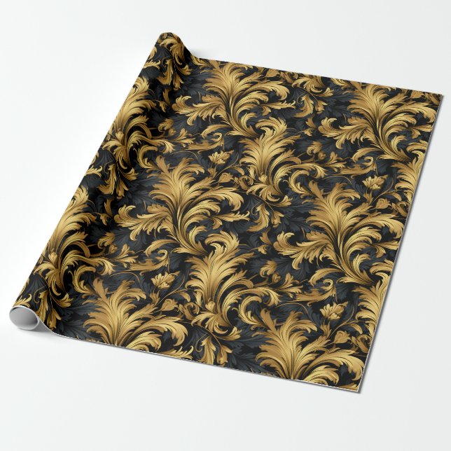 Black and Gold Classy Elegant Pattern Wrapping Paper (Unrolled)