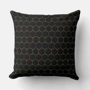 Black and Gold Classy Geometric Honeycomb Pattern Throw Pillow
