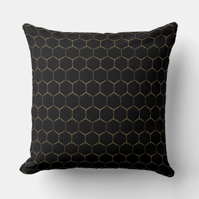  Black and Gold Classy Geometric Honeycomb Pattern Throw Pillow (Front)