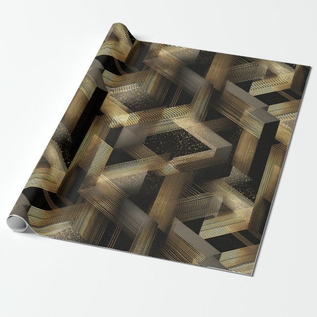 Black and Gold Classy Geometric Pattern Gift Wrapping Paper (Unrolled)