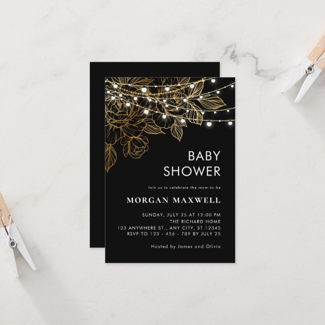 Black and Gold Classy Modern Elegant Baby Shower Invitation (Front/Back In Situ)