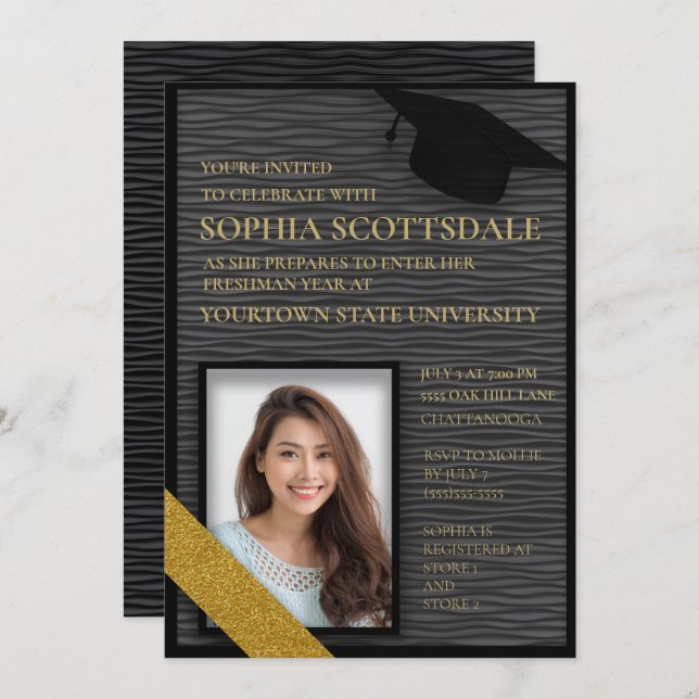 Black and Gold College Trunk Party Photo Invitation (Front/Back)
