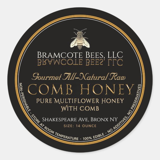 Black and Gold Comb Honey Label Vintage Bee (Front)
