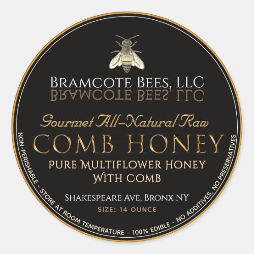 Black and Gold Comb Honey Label Vintage Bee