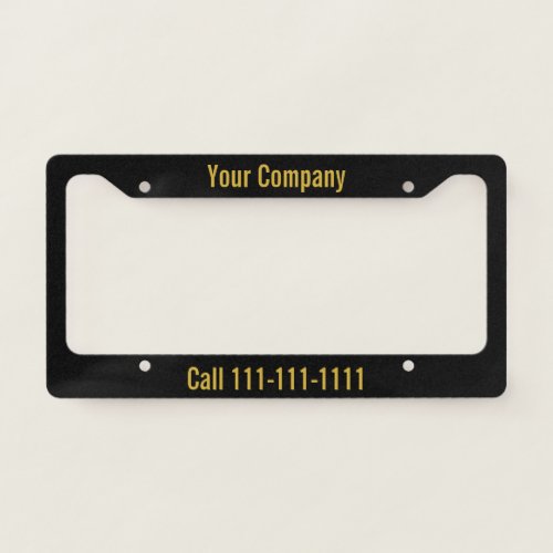 Black and Gold Company Ad with Phone Number License Plate Frame