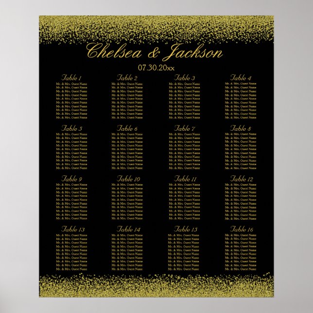 Black and Gold Confetti - 16 Seating Chart (Front)