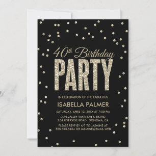 Black and Gold Confetti 40th Birthday Party Invitation
