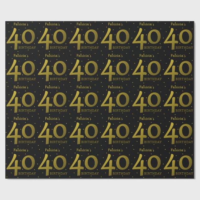 Black And Gold Confetti 40th Birthday Wrapping Paper (Flat)