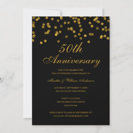 Black and Gold Confetti 50th Wedding Anniversary Invitation | Zazzle