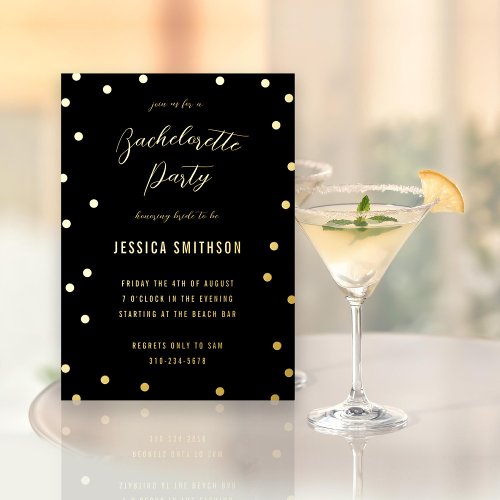 Black and Gold Confetti Bachelorette Party Foil Invitation