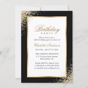 Black and Gold Confetti Birthday Party Invitation