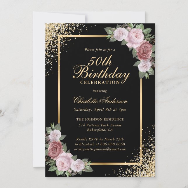 Black and Gold Confetti Blush Floral 50th Birthday Invitation (Front)