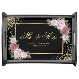 Black and Gold Confetti Blush Floral Wedding Serving Tray