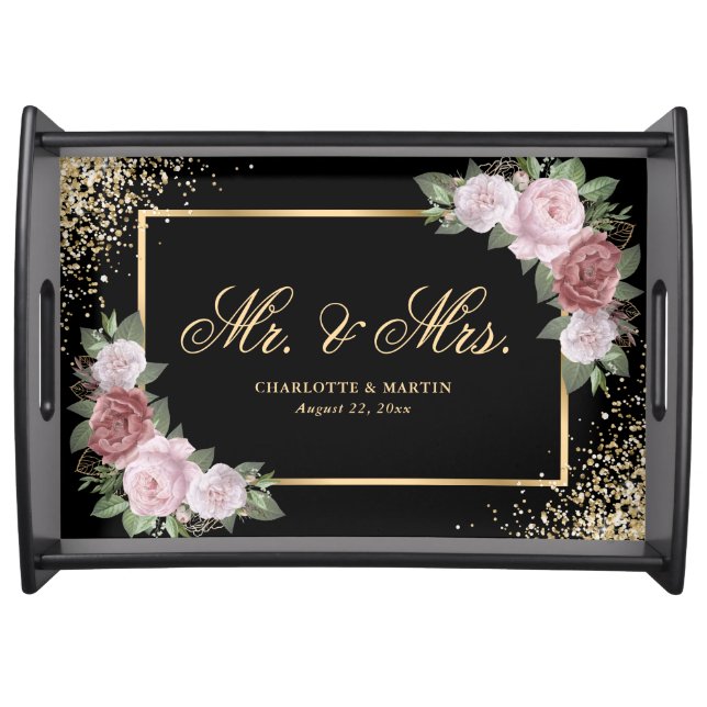 Black and Gold Confetti Blush Floral Wedding Serving Tray (Front)