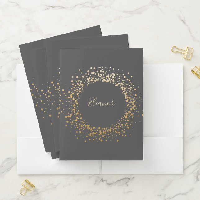 Black and Gold Confetti Circle Personalized Name Pocket Folder (In Situ)