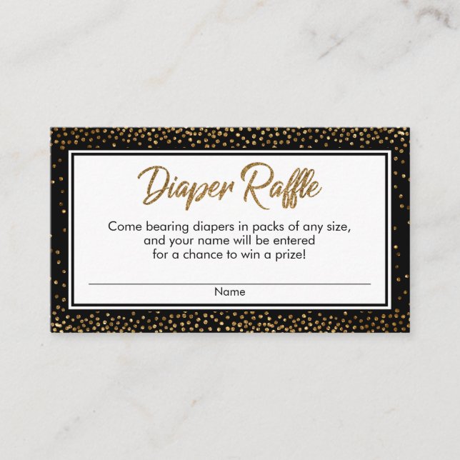 Black and Gold Confetti Diaper Raffle Ticket Cards (Front)