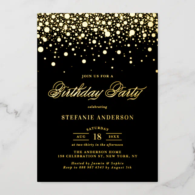 Black and Gold Confetti Dots Birthday Party Foil Invitation | Zazzle