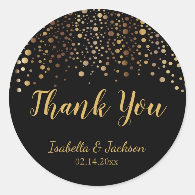 Black and Gold Confetti Dots Classic Round Sticker (Front)