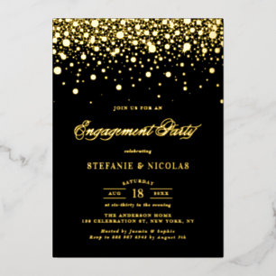 Black and Gold Confetti Dots Engagement Party Foil Invitation