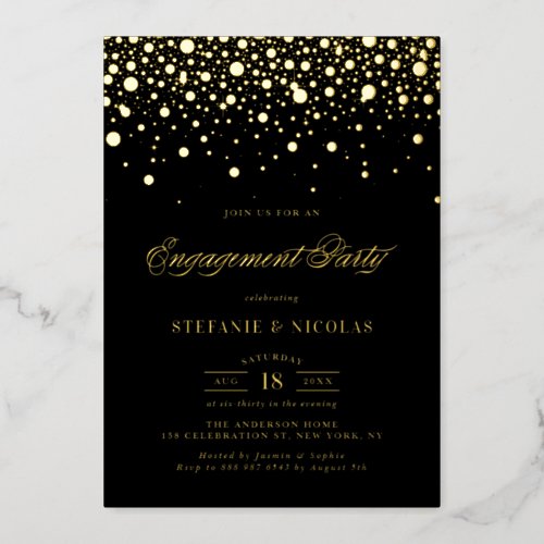 Black and Gold Confetti Dots Engagement Party Foil Invitation