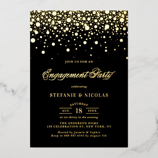 Black and Gold Confetti Dots Engagement Party Foil Invitation (Front)
