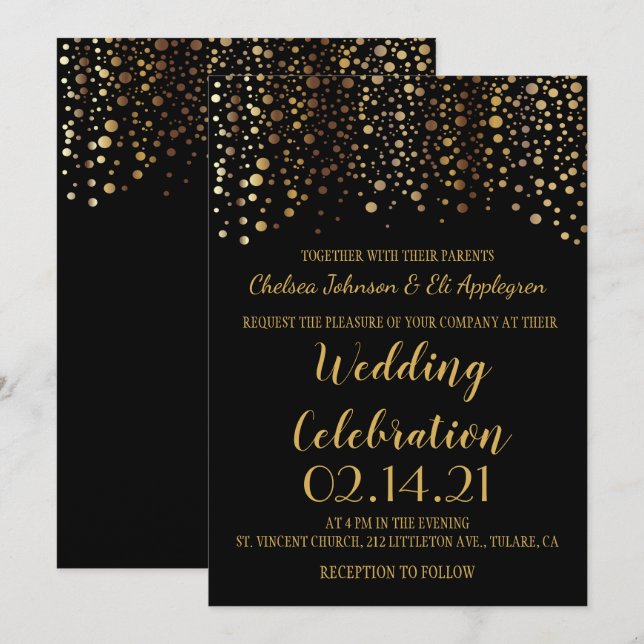 Black and Gold Confetti Dots Invitation (Front/Back)