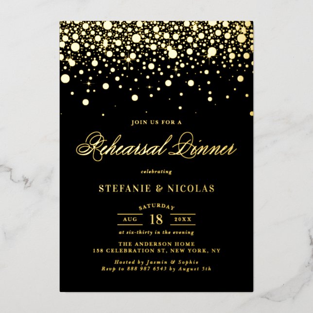 Black and Gold Confetti Dots Rehearsal Dinner Foil Invitation (Front)