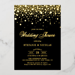 Black and Gold Confetti Dots Wedding Shower Foil Invitation