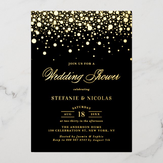 Black and Gold Confetti Dots Wedding Shower Foil Invitation (Front)