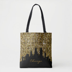 Black and Gold Confetti Glitter Chicago Skyline Tote Bag