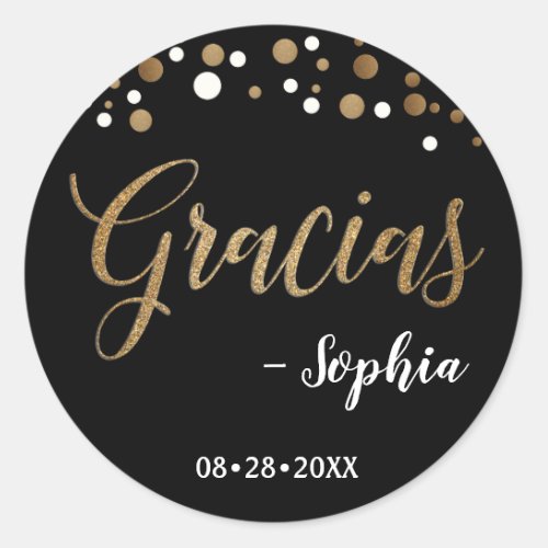 Black and Gold Confetti Gracias Thank You birthday Classic Round Sticker