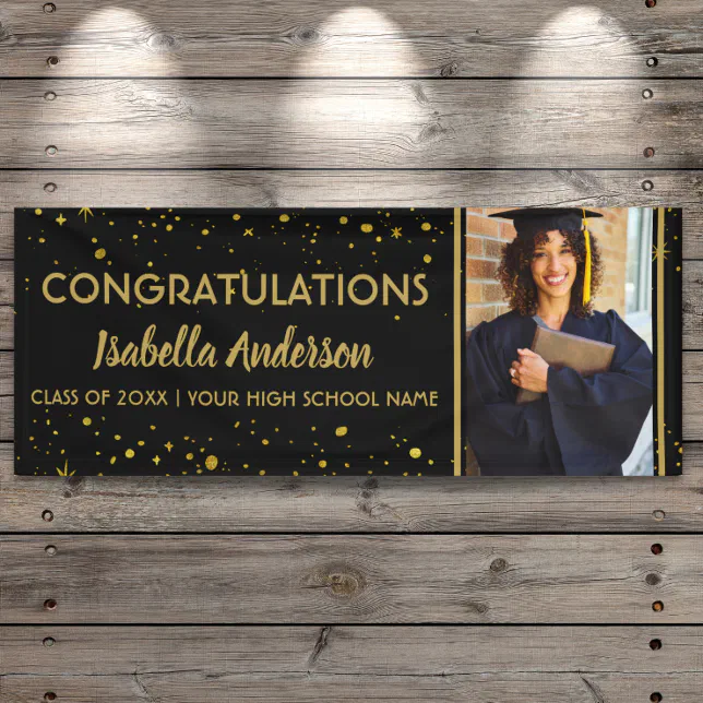 Black And Gold Confetti Grad Photo Graduation 2023 Banner | Zazzle