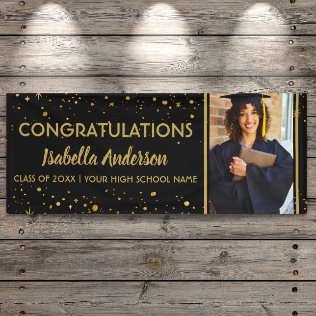 Black And Gold Confetti Grad Photo Graduation 2025 Banner | Zazzle