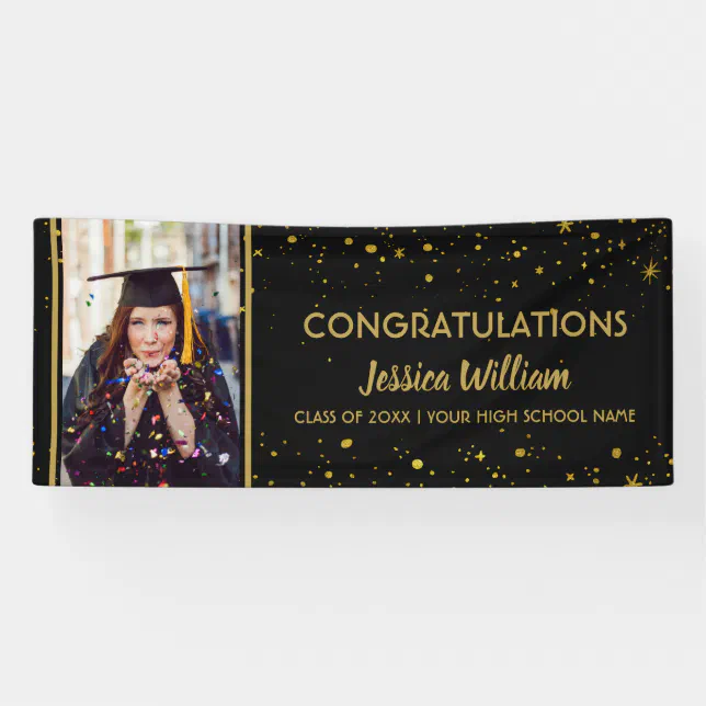 Black And Gold Confetti Graduate Photo Graduation Banner | Zazzle