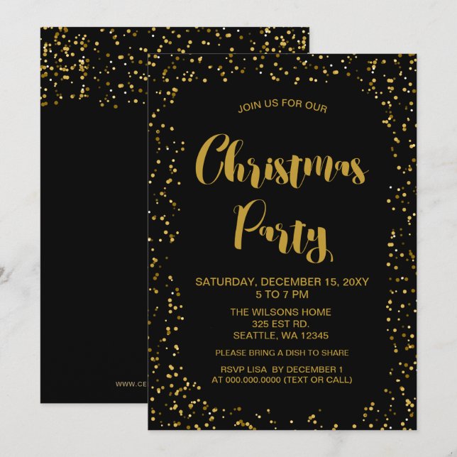 Black and Gold confetti Modern Christmas Party Invitation (Front/Back)