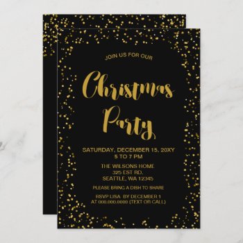 Black And Gold Confetti Modern Christmas Party Invitation by XmasMall at Zazzle