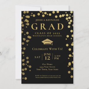 Black and Gold Confetti Photo Graduation Party Invitation
