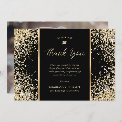 Black and Gold Confetti Photo Graduation Thank You Card
